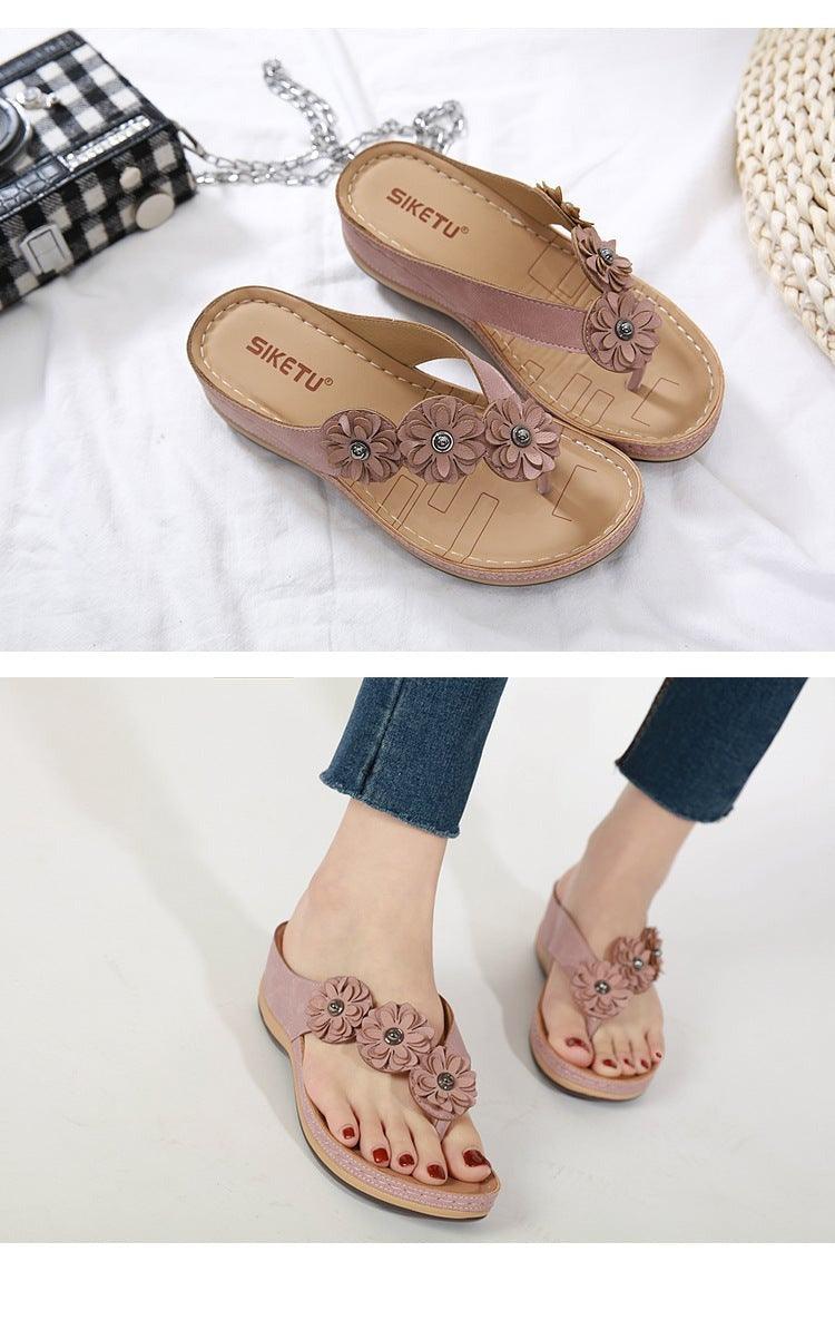 Women's Handmade Retro Floral Flat Sandals Open Toe Strappy Flip-Flops