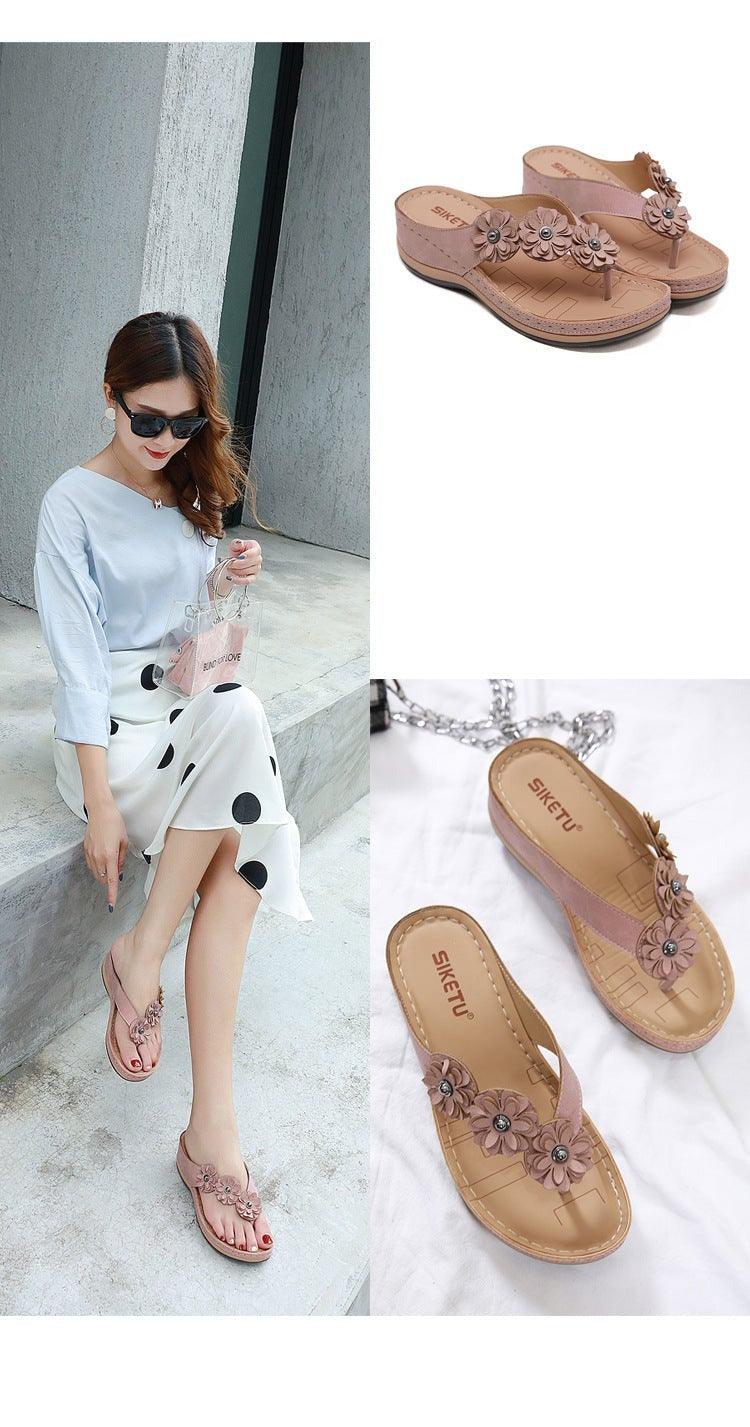 Women's Handmade Retro Floral Flat Sandals Open Toe Strappy Flip-Flops