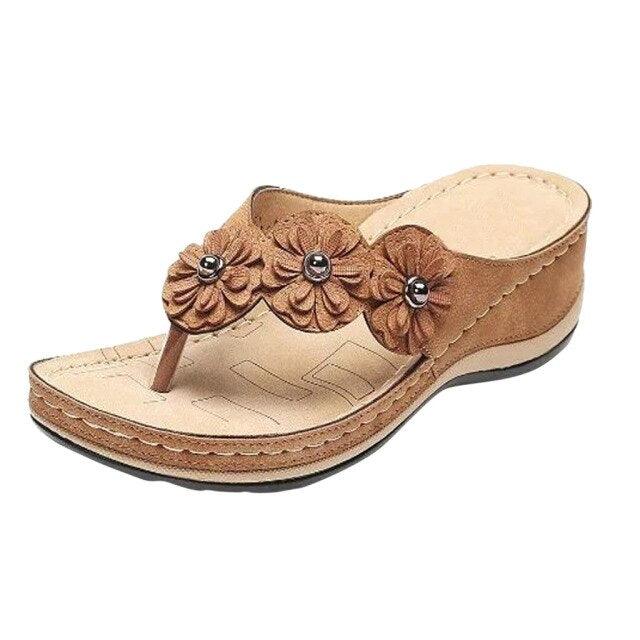 Women's Handmade Retro Floral Flat Sandals Open Toe Strappy Flip-Flops