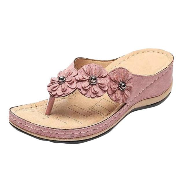 Women's Handmade Retro Floral Flat Sandals Open Toe Strappy Flip-Flops