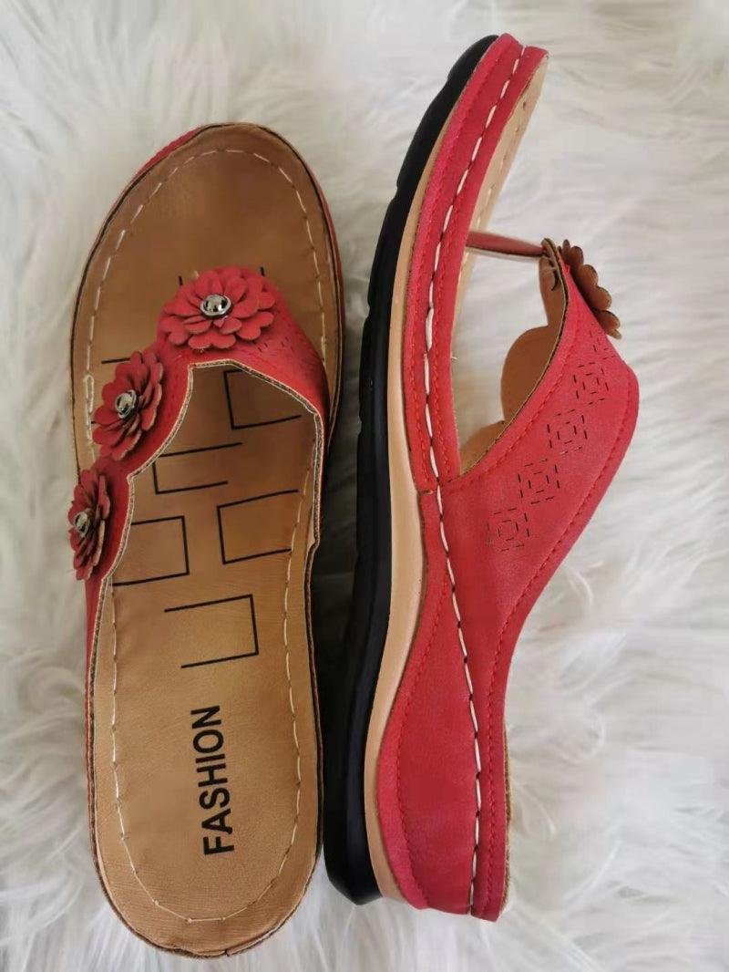 Women's Handmade Retro Floral Flat Sandals Open Toe Strappy Flip-Flops