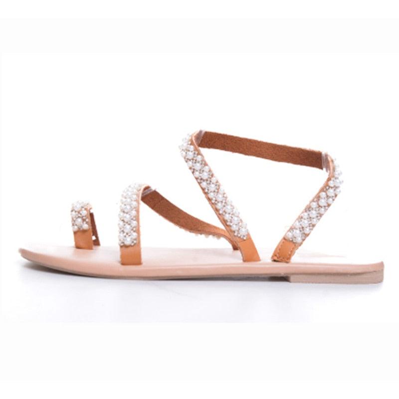 Women’s Pearl Rhinestone Flat Sandals Open Toe Luxury Beach Shoes - lifestyle shot