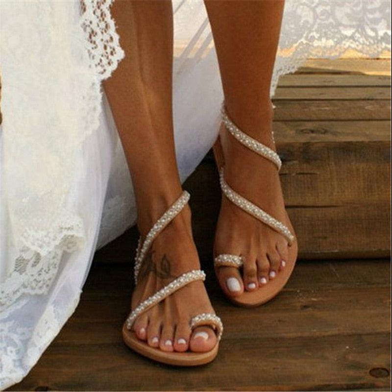 Women’s Pearl Rhinestone Flat Sandals Open Toe Luxury Beach Shoes - close-up detail