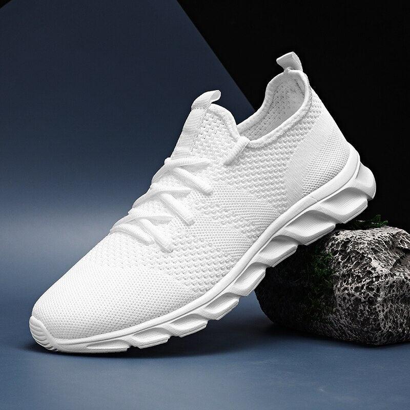 Men's white mesh platform sneakers with non-slip athletic sole
