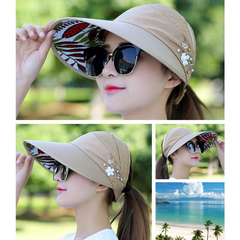 Foldable Floral Sun Visor Hat - Packable UPF 50+ Beach Baseball Cap