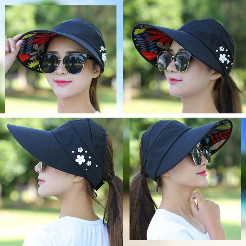Foldable Floral Sun Visor Hat - Packable UPF 50+ Beach Baseball Cap