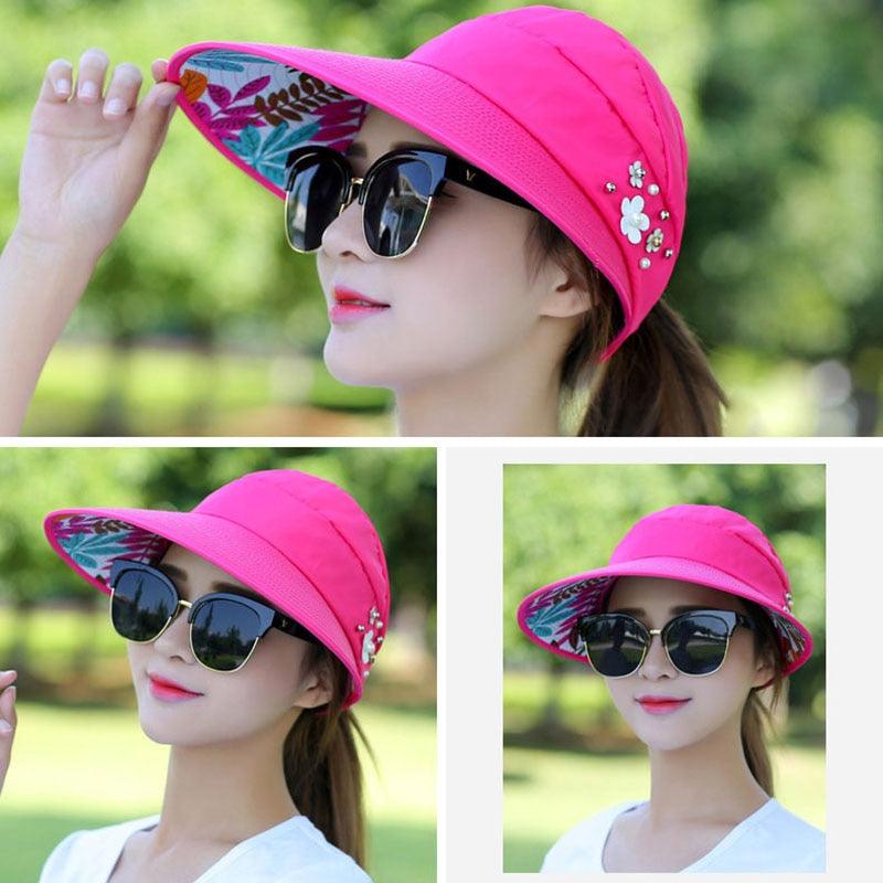 Foldable Floral Sun Visor Hat - Packable UPF 50+ Beach Baseball Cap