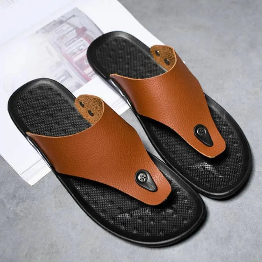 Classic brown men's flip-flops with PU leather straps and comfortable memory foam sole for beach wear