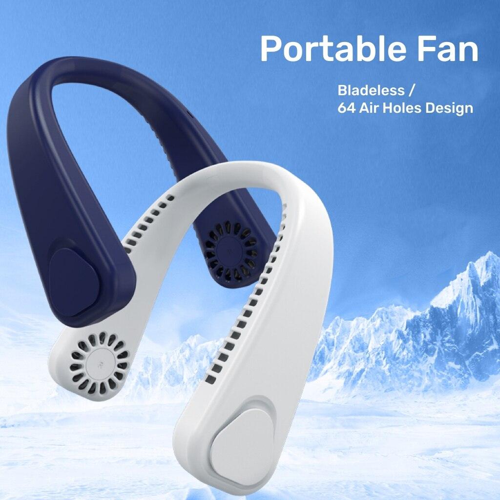 Modern white wearable bladeless neck fan worn around the neck, displaying a sleek, minimalist aesthetic.
