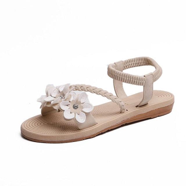 Women's Elastic Ankle Strap Flat Sandals Comfortable Beach Shoes