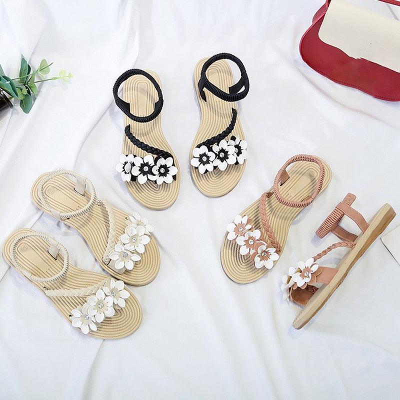 Women's Elastic Ankle Strap Flat Sandals Comfortable Beach Shoes