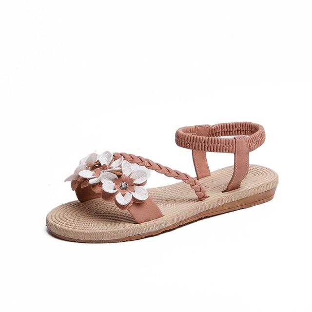 Women's Elastic Ankle Strap Flat Sandals Comfortable Beach Shoes