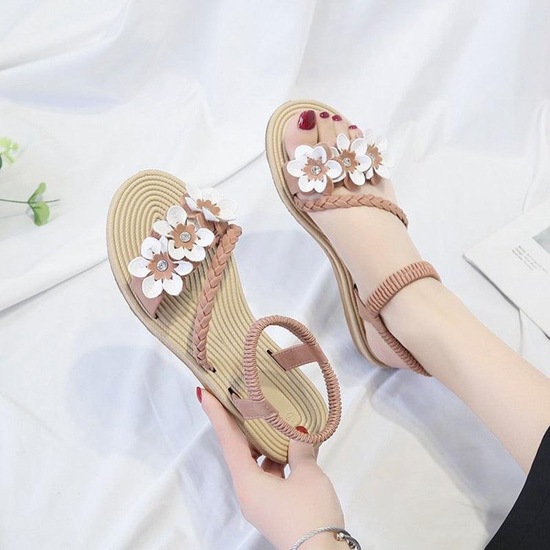 Women's Elastic Ankle Strap Flat Sandals Comfortable Beach Shoes