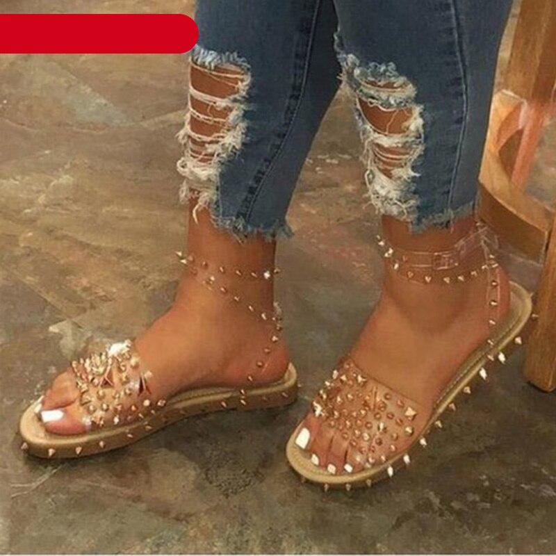 Women's Transparent Buckle Strap Flat Sandals Open Toe Shoes