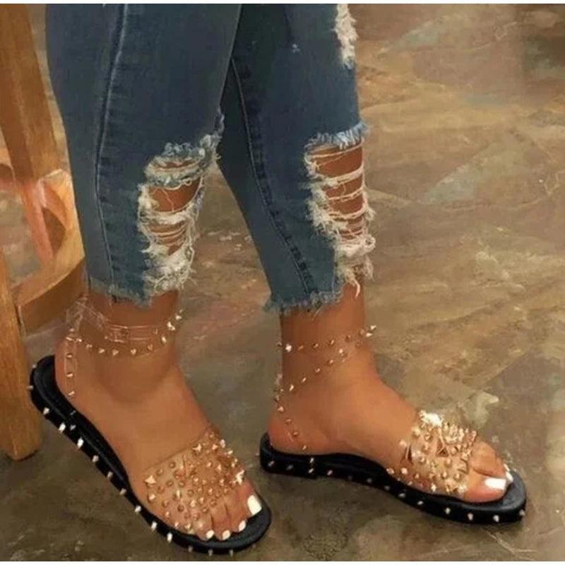 Women's Transparent Buckle Strap Flat Sandals Open Toe Shoes