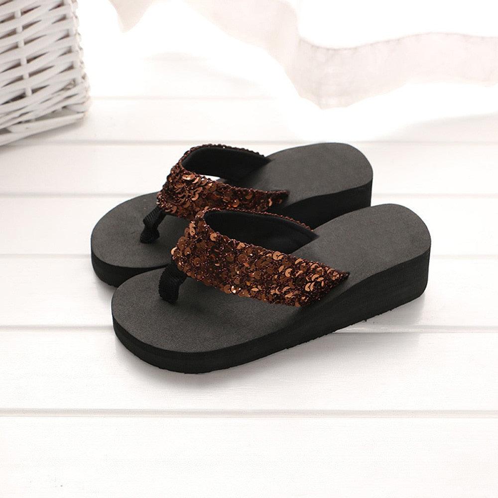Women's Sparkling Sequin Flat Flip Flops Comfort Beach Sandals