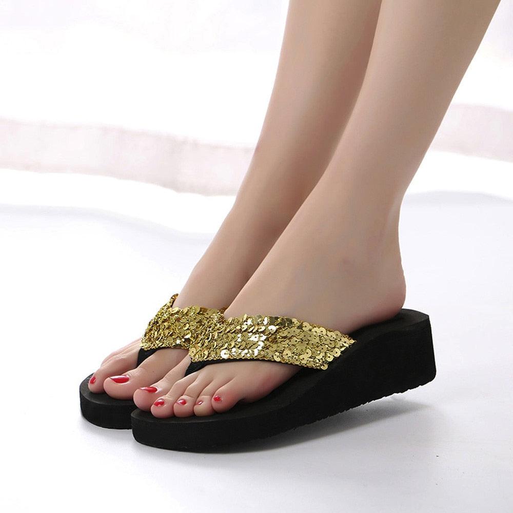 Women's Sparkling Sequin Flat Flip Flops Comfort Beach Sandals