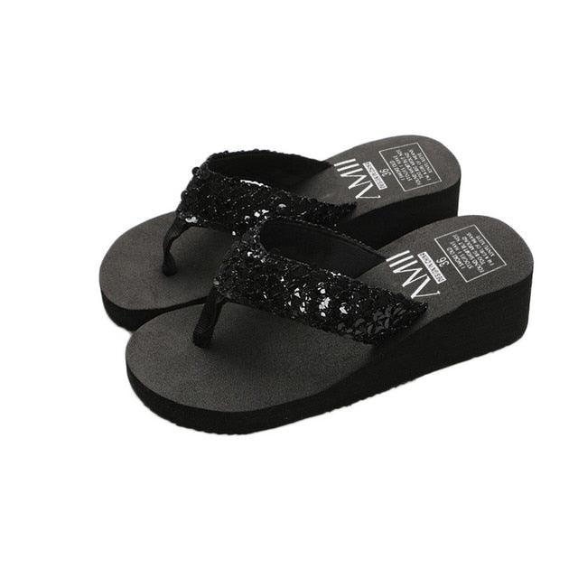 Women's Sparkling Sequin Flat Flip Flops Comfort Beach Sandals