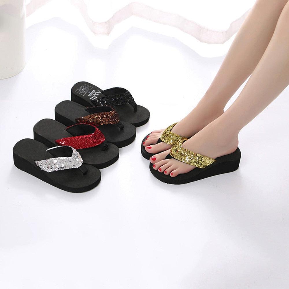 Women's Sparkling Sequin Flat Flip Flops Comfort Beach Sandals