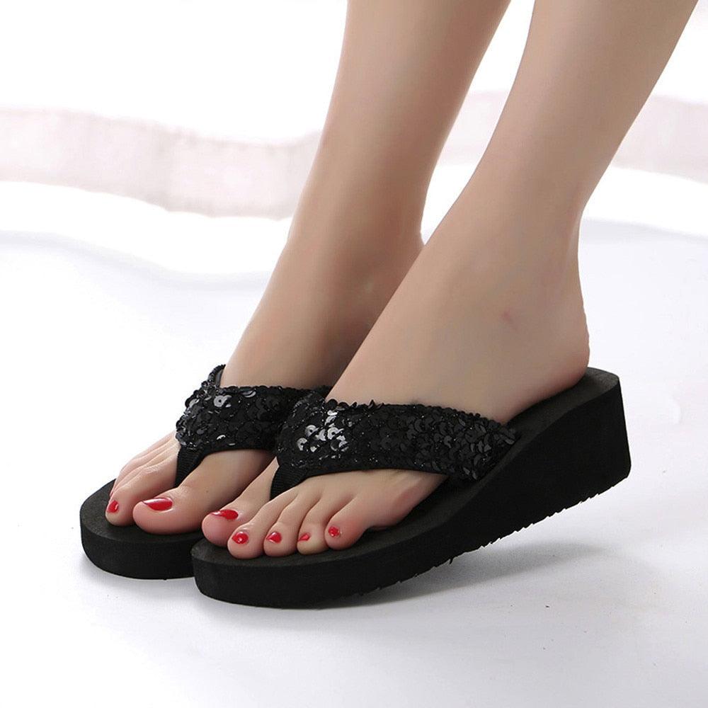 Women's Sparkling Sequin Flat Flip Flops Comfort Beach Sandals