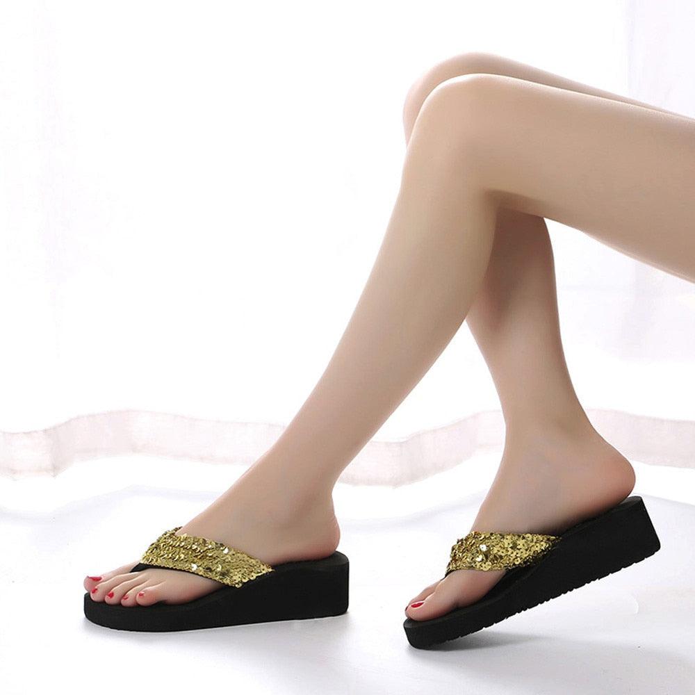 Women's Sparkling Sequin Flat Flip Flops Comfort Beach Sandals