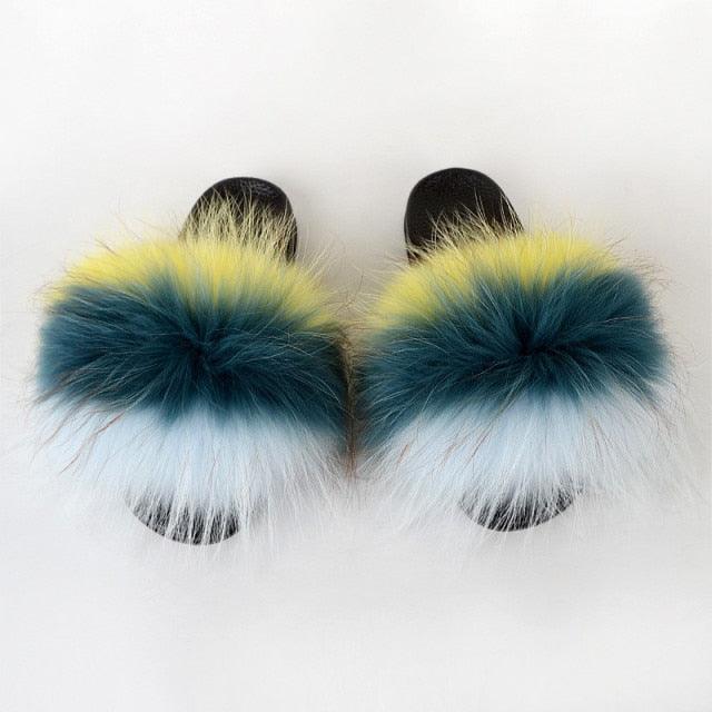 Multicolor Faux Fur Slides with Plush Fluffy Raccoon Texture