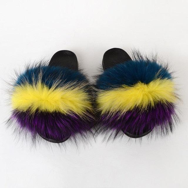 Multicolor Faux Fur Slides with Plush Fluffy Raccoon Texture