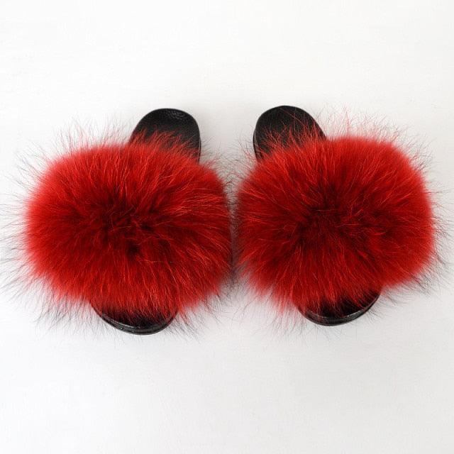 Multicolor Faux Fur Slides with Plush Fluffy Raccoon Texture