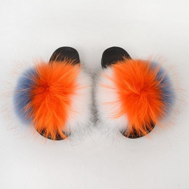 Multicolor Faux Fur Slides with Plush Fluffy Raccoon Texture