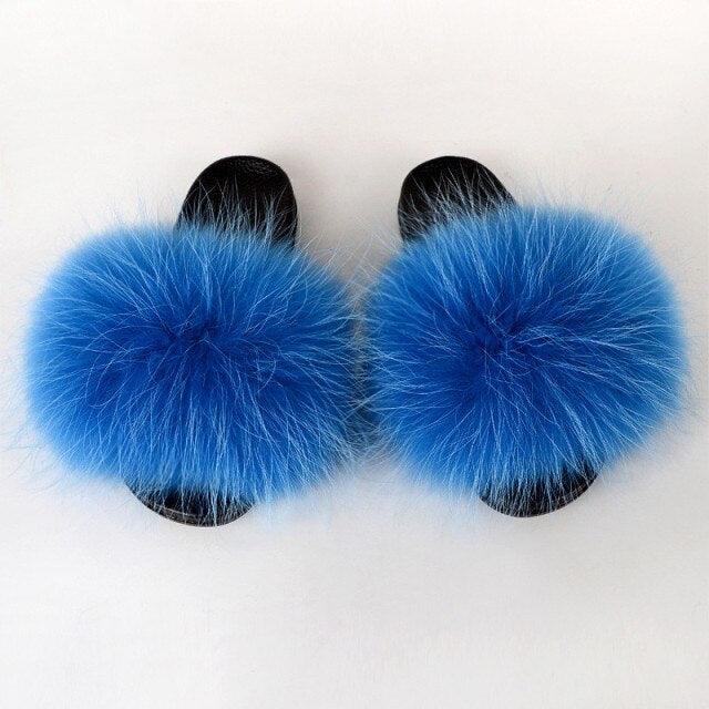 Multicolor Faux Fur Slides with Plush Fluffy Raccoon Texture