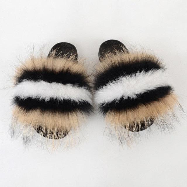 Multicolor Faux Fur Slides with Plush Fluffy Raccoon Texture