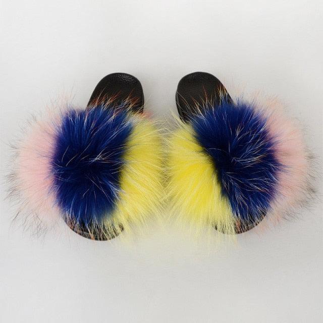 Multicolor Faux Fur Slides with Plush Fluffy Raccoon Texture
