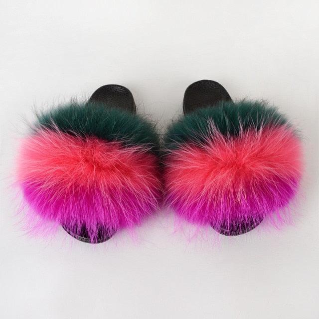 Multicolor Faux Fur Slides with Plush Fluffy Raccoon Texture