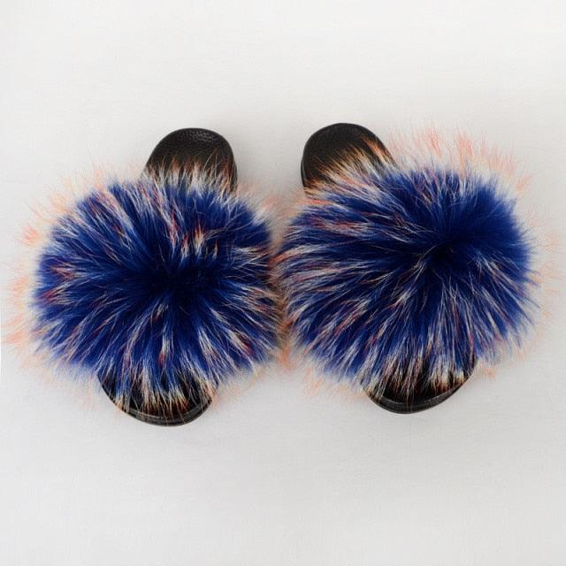 Multicolor Faux Fur Slides with Plush Fluffy Raccoon Texture