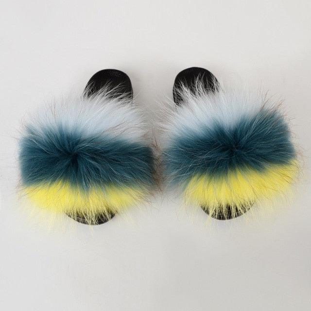 Multicolor Faux Fur Slides with Plush Fluffy Raccoon Texture