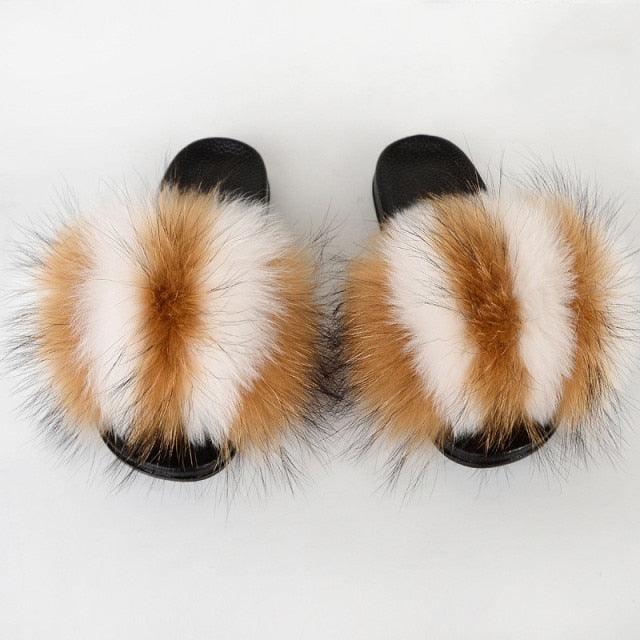 Multicolor Faux Fur Slides with Plush Fluffy Raccoon Texture