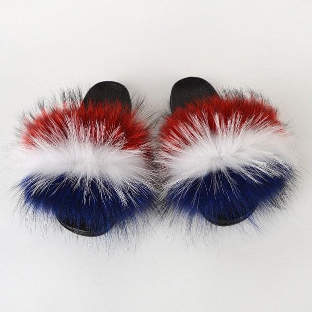 Multicolor Faux Fur Slides with Plush Fluffy Raccoon Texture