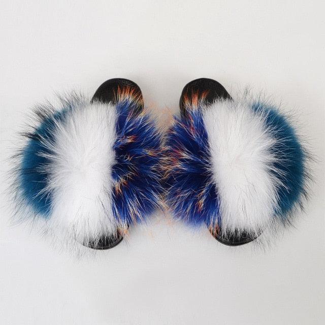 Multicolor Faux Fur Slides with Plush Fluffy Raccoon Texture