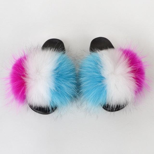 Multicolor Faux Fur Slides with Plush Fluffy Raccoon Texture