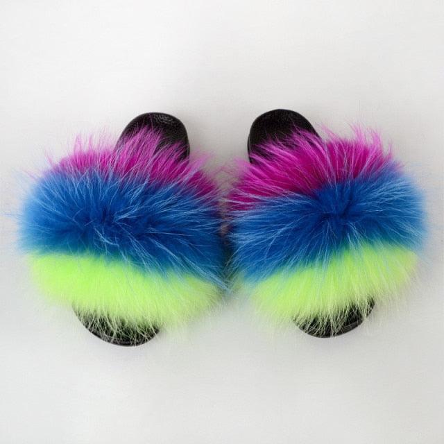 Multicolor Faux Fur Slides with Plush Fluffy Raccoon Texture