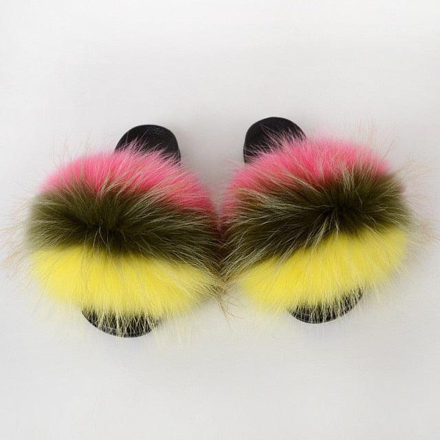 Multicolor Faux Fur Slides with Plush Fluffy Raccoon Texture