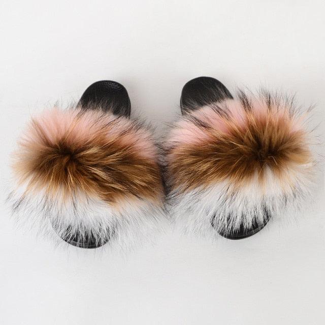 Multicolor Faux Fur Slides with Plush Fluffy Raccoon Texture