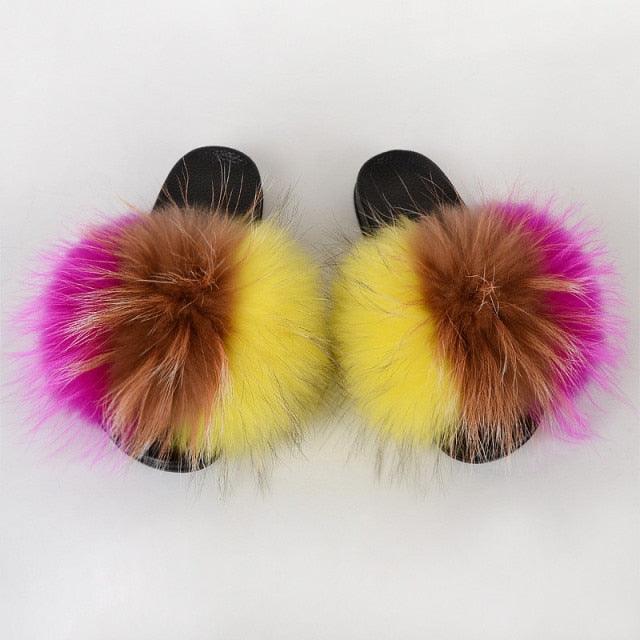 Multicolor Faux Fur Slides with Plush Fluffy Raccoon Texture