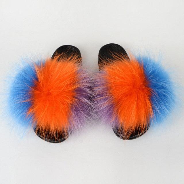 Multicolor Faux Fur Slides with Plush Fluffy Raccoon Texture