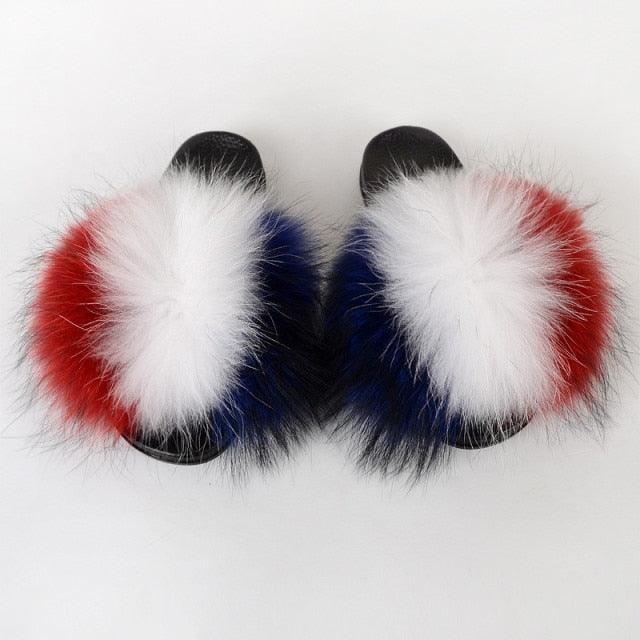Multicolor Faux Fur Slides with Plush Fluffy Raccoon Texture