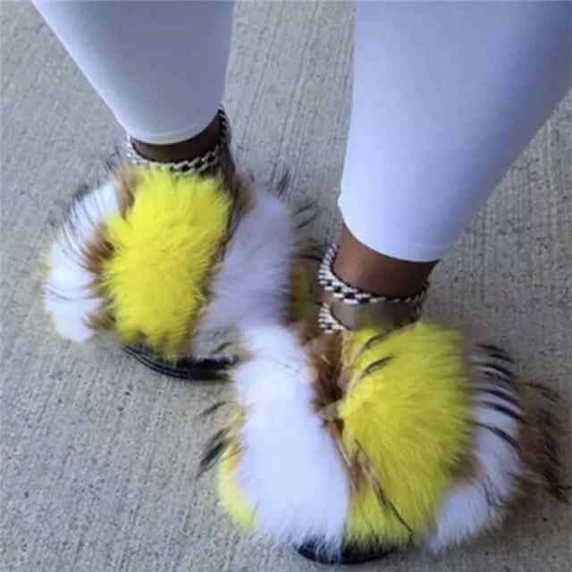 Multicolor Faux Fur Slides with Plush Fluffy Raccoon Texture