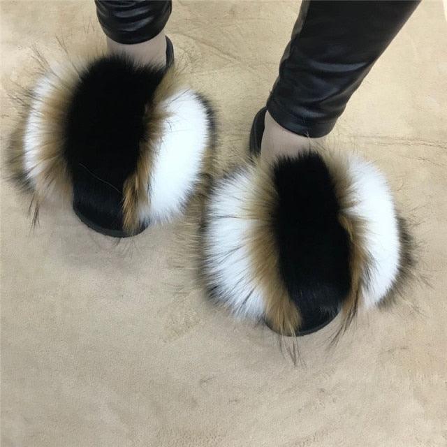 Multicolor Faux Fur Slides with Plush Fluffy Raccoon Texture
