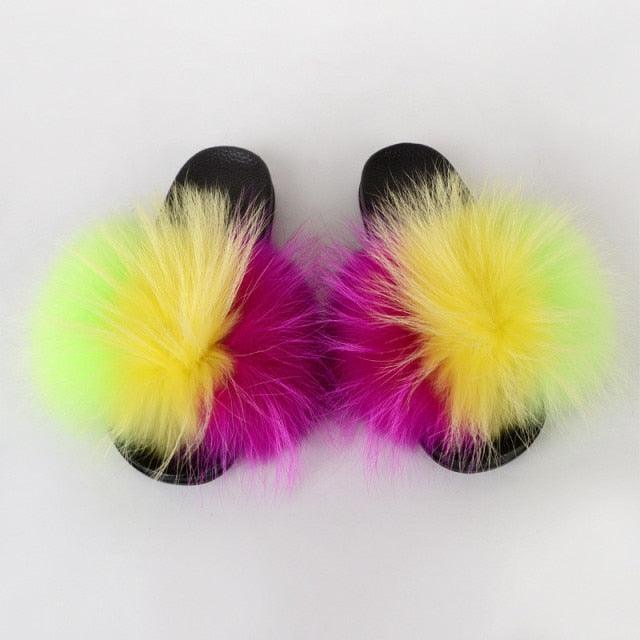 Multicolor Faux Fur Slides with Plush Fluffy Raccoon Texture