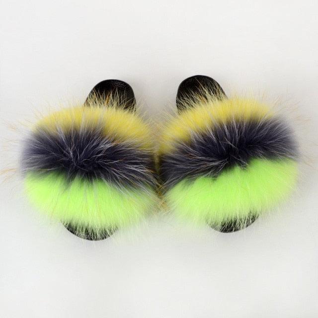 Multicolor Faux Fur Slides with Plush Fluffy Raccoon Texture
