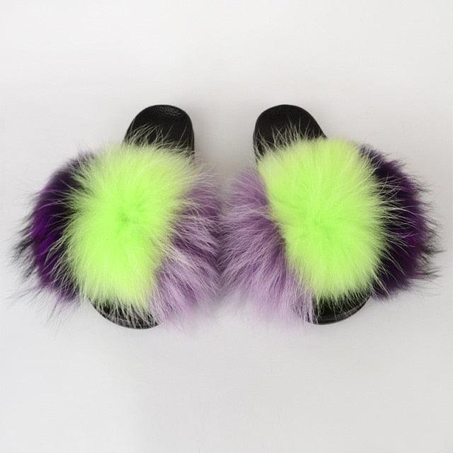 Multicolor Faux Fur Slides with Plush Fluffy Raccoon Texture